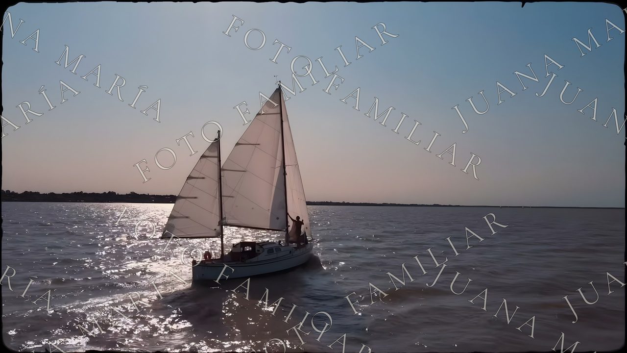 La Juana María navegando a vela llena sobre el Río de la Plata al atardecer